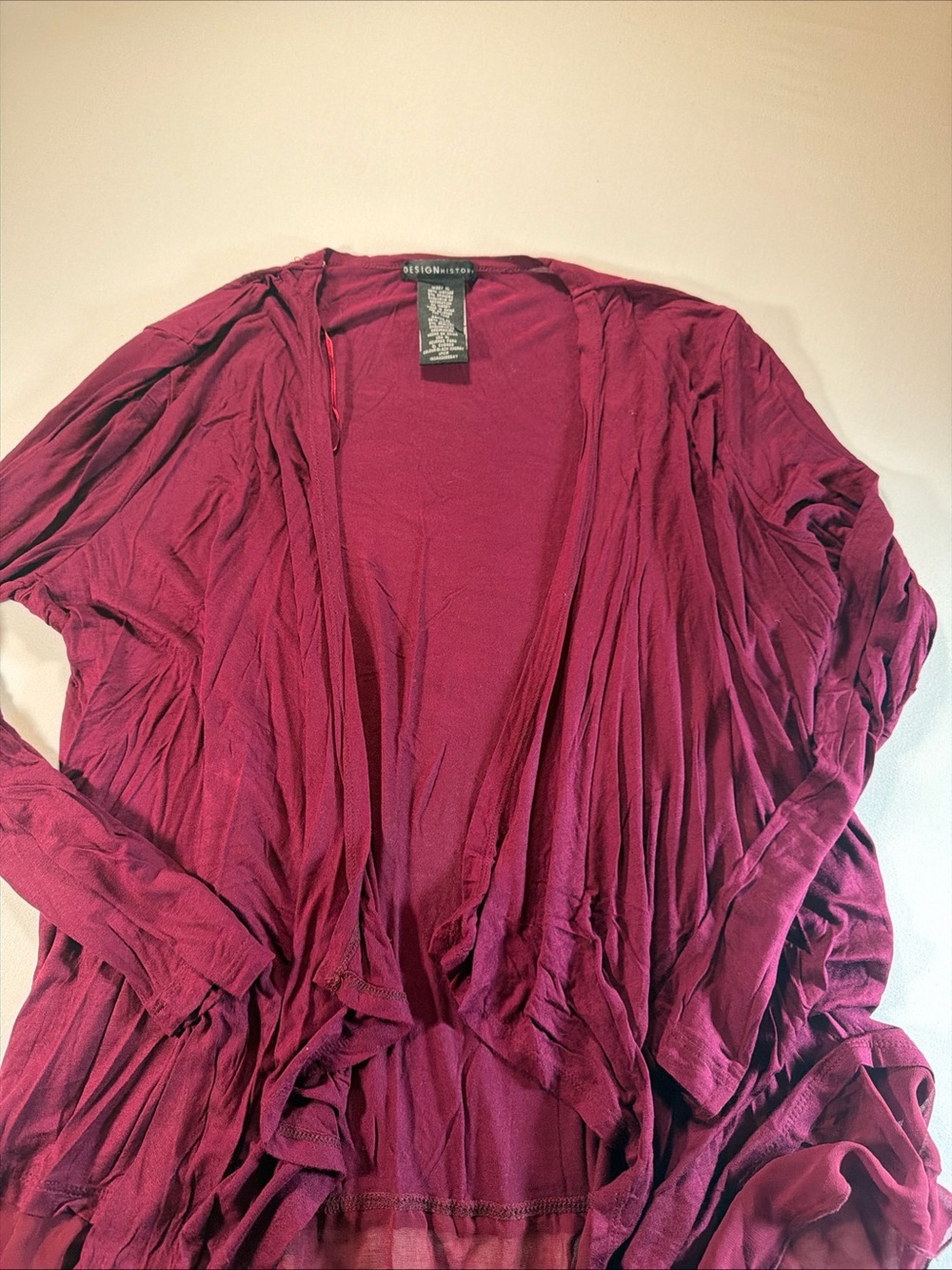 Design History Deep Berry Draped Open-Front Cardigan
